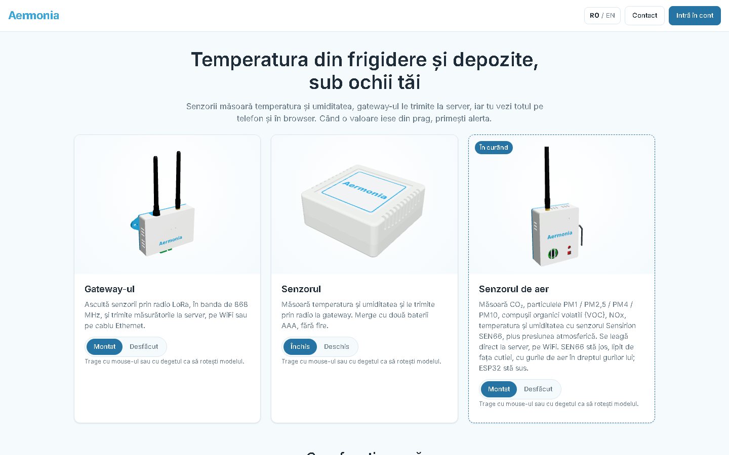 Site-ul Aermonia: gateway-ul, senzorul de temperatură și senzorul de calitate a aerului, prezentate ca modele 3D interactive
