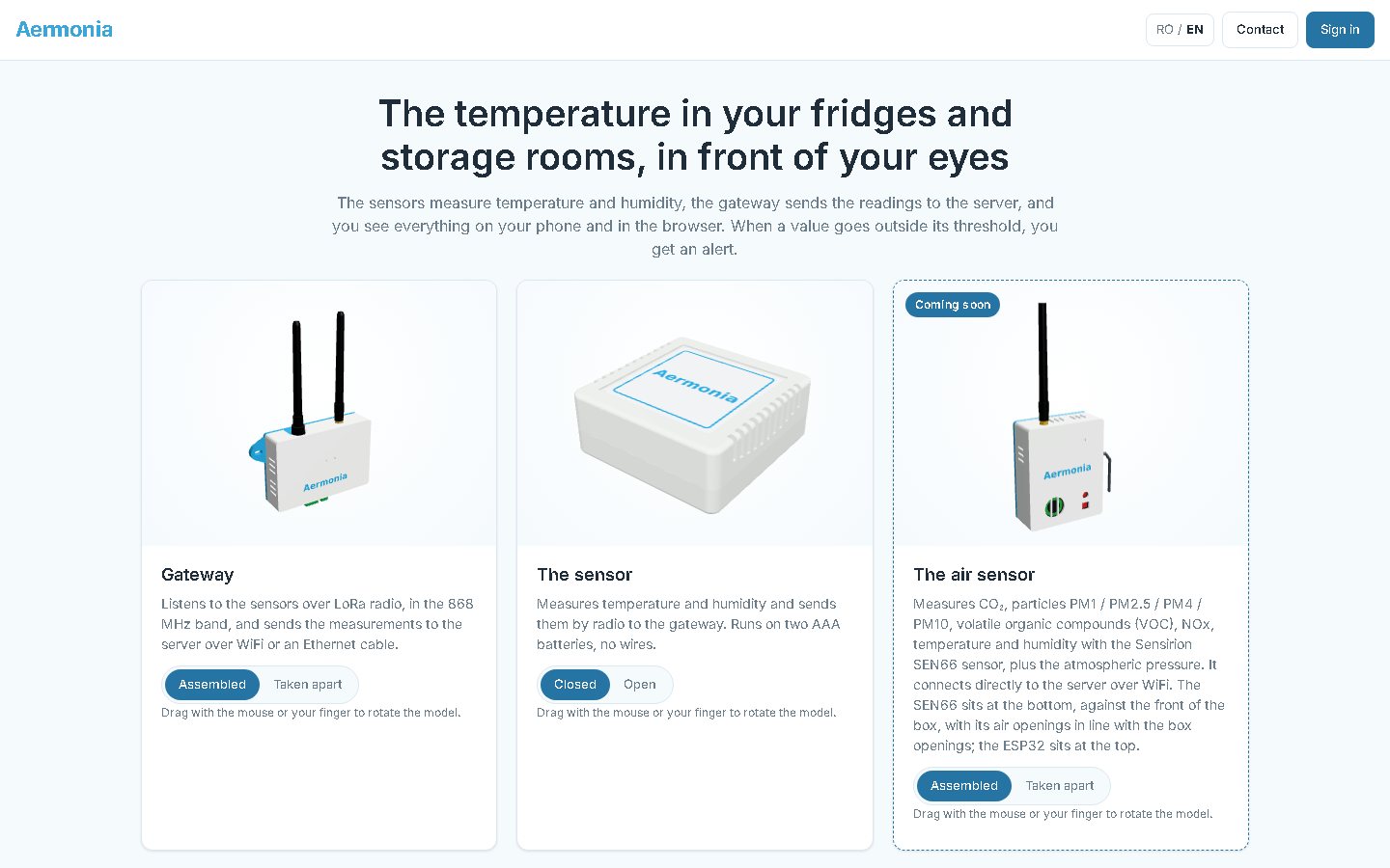 Aermonia website: gateway, temperature sensor and air-quality sensor shown as interactive 3D models